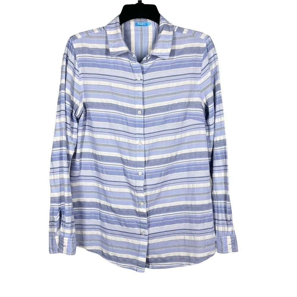 J. McLaughlin Womens Sz M Blue White Stripe Long Sleeve Blouse